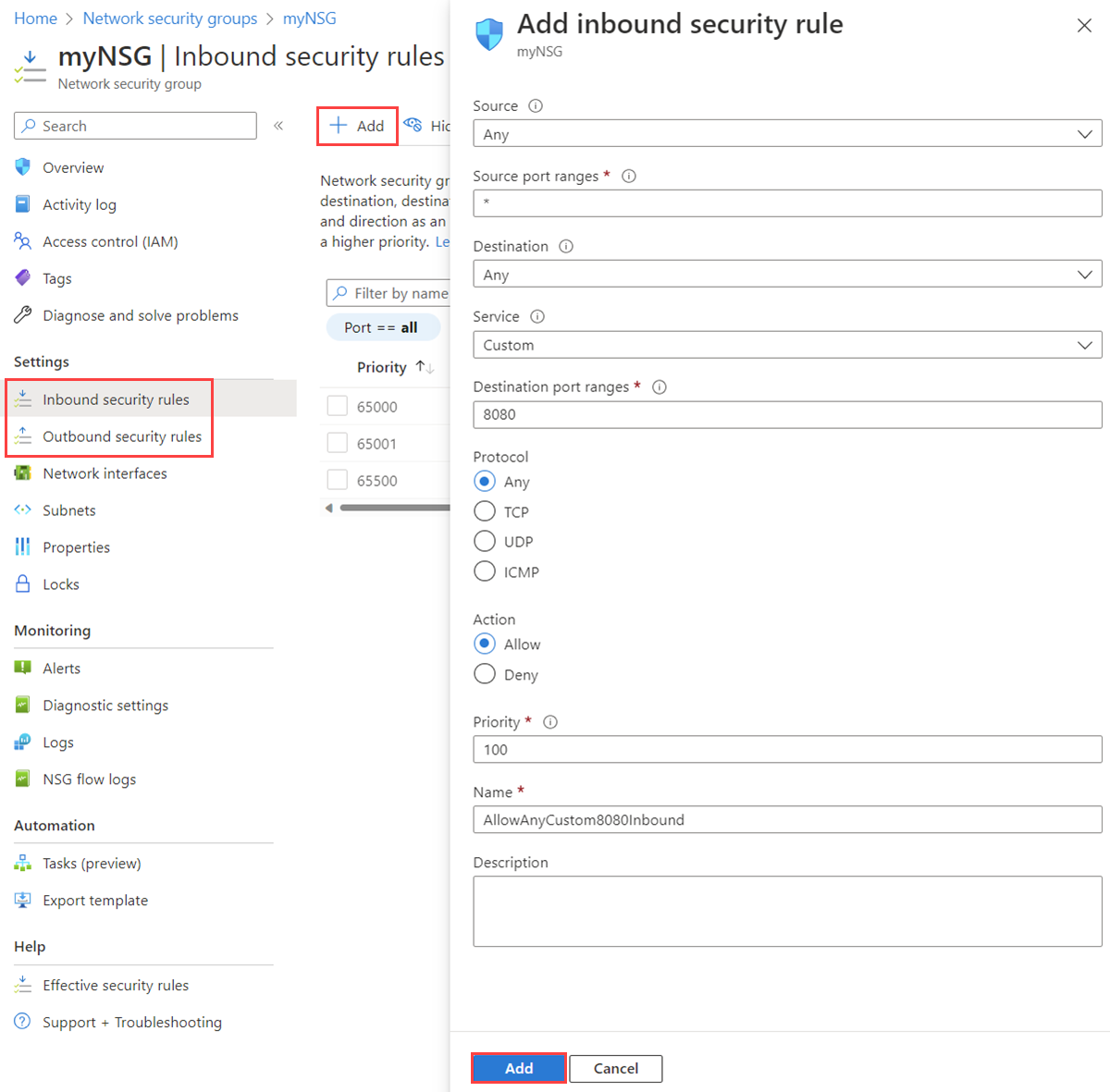 Azure portal でネットワーク セキュリティ グループにセキュリティ規則を追加するスクリーンショット。