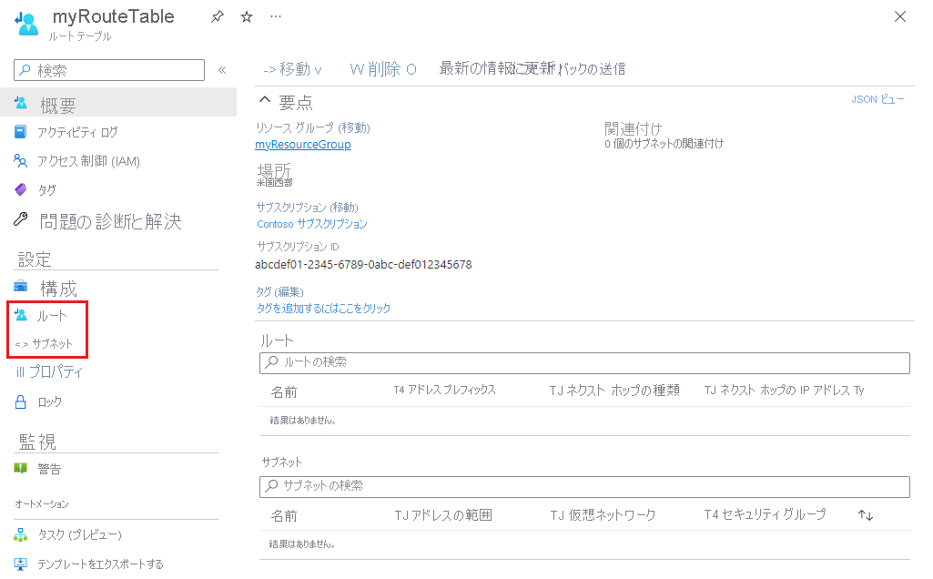 Screenshot of the overview page of a route tables in an Azure subscription.