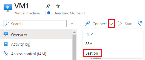 Azure Bastion による VM1 への接続のスクリーンショット。