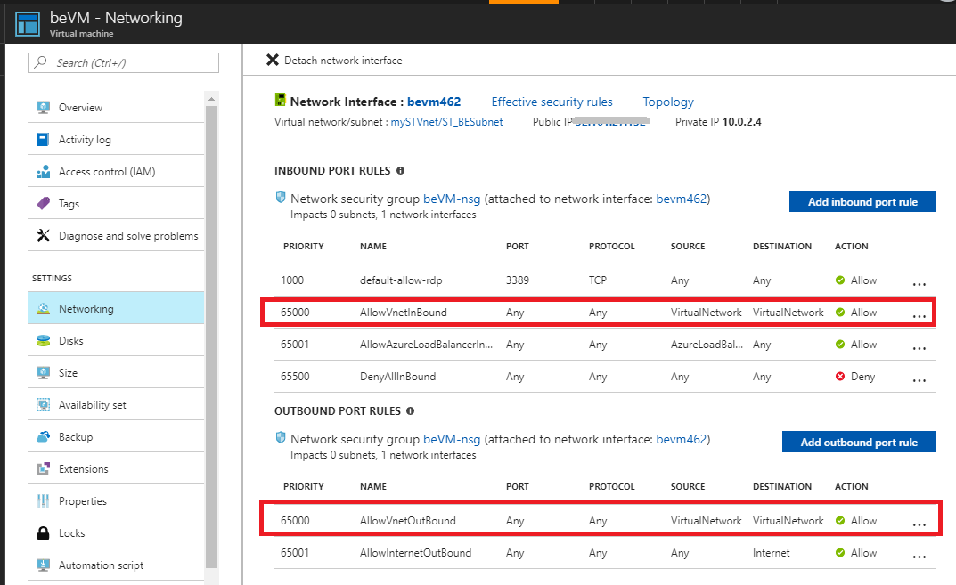 AllowVnetInBound と AllowVnetOutBound が表示された仮想マシンのネットワーク設定を示すスクリーンショット。