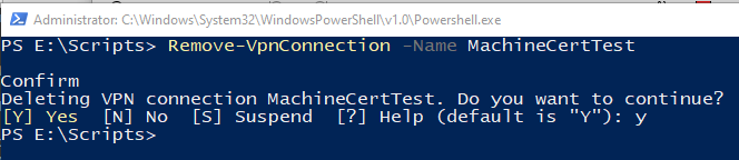 Remove-VpnConnection -Name MachineCertTest コマンドを実行している PowerShell ウィンドウを示すスクリーンショット。