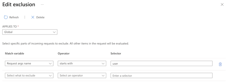 Screenshot of the Azure portal that shows the global exclusion configuration for the W A F policy.
