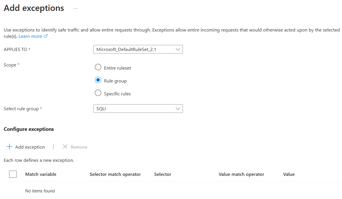 Azure ポータルで WAF ポリシーで例外の DRS ルールセットとスコープを選択する方法を示すスクリーンショット。