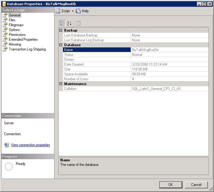 SQL Server 2005 データベースのプロパティ ダイアログ ボックス