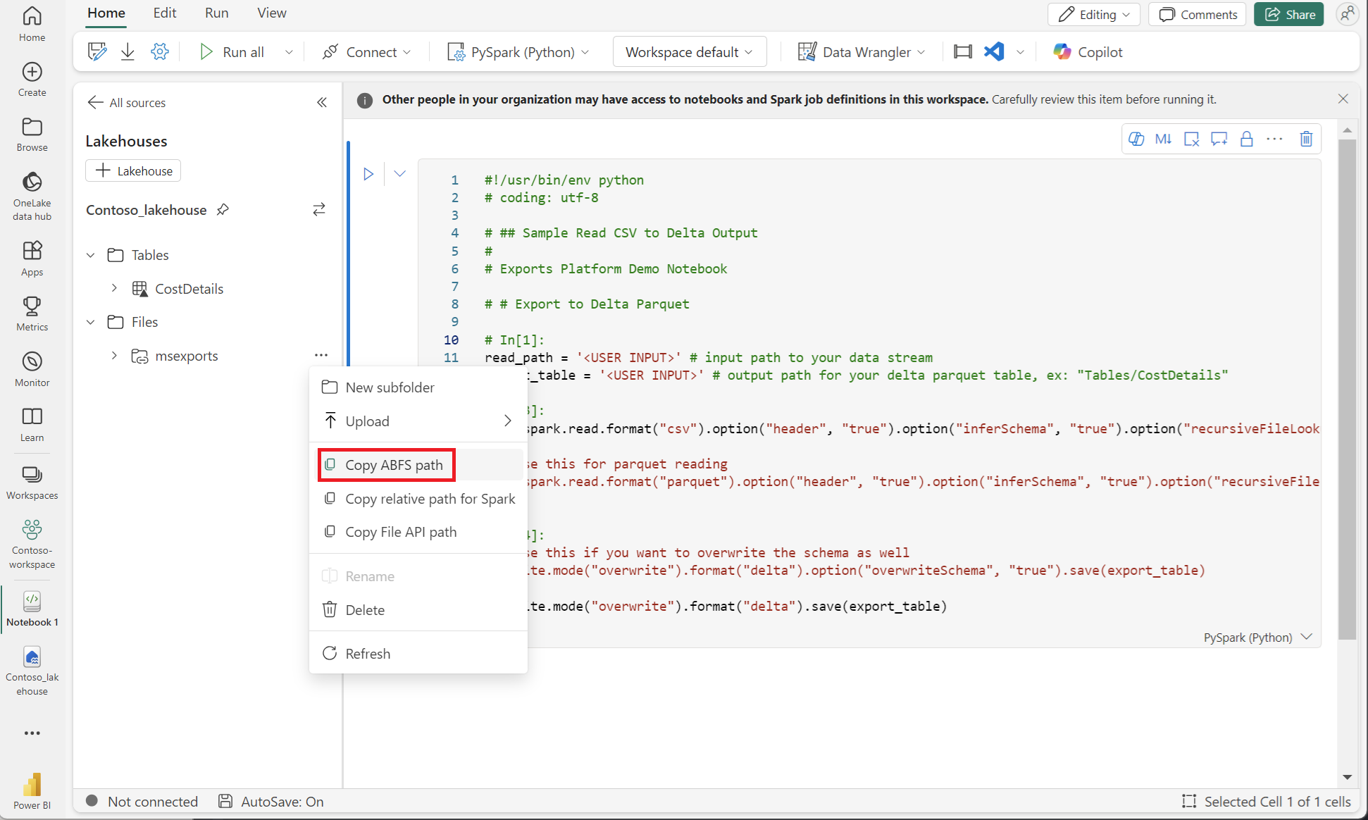ABFS パスをコピーしてテーブルを読み込む例を示すスクリーンショット。