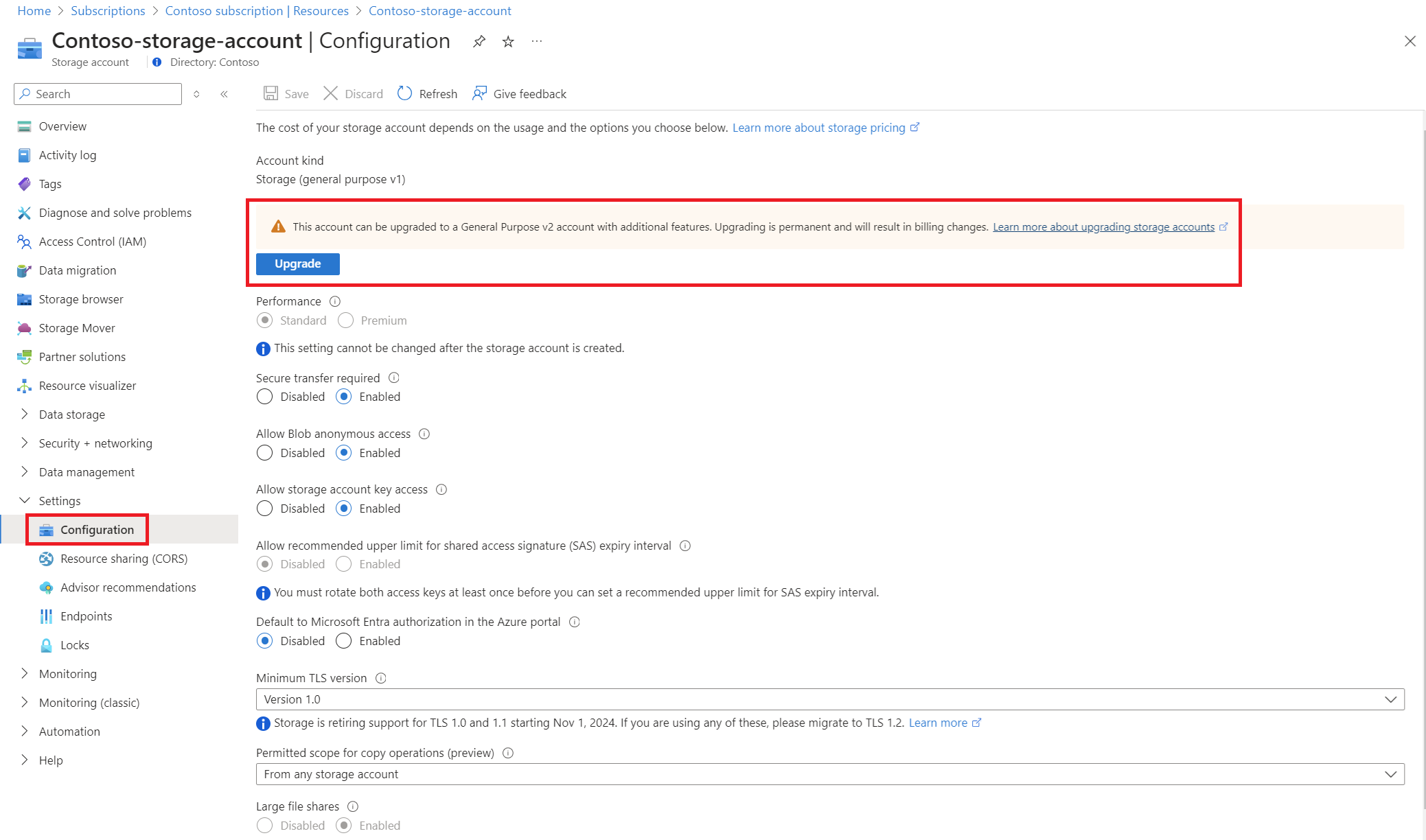 既存のストレージ アカウントを Data Lake ストレージに変換する方法を示すスクリーンショット。