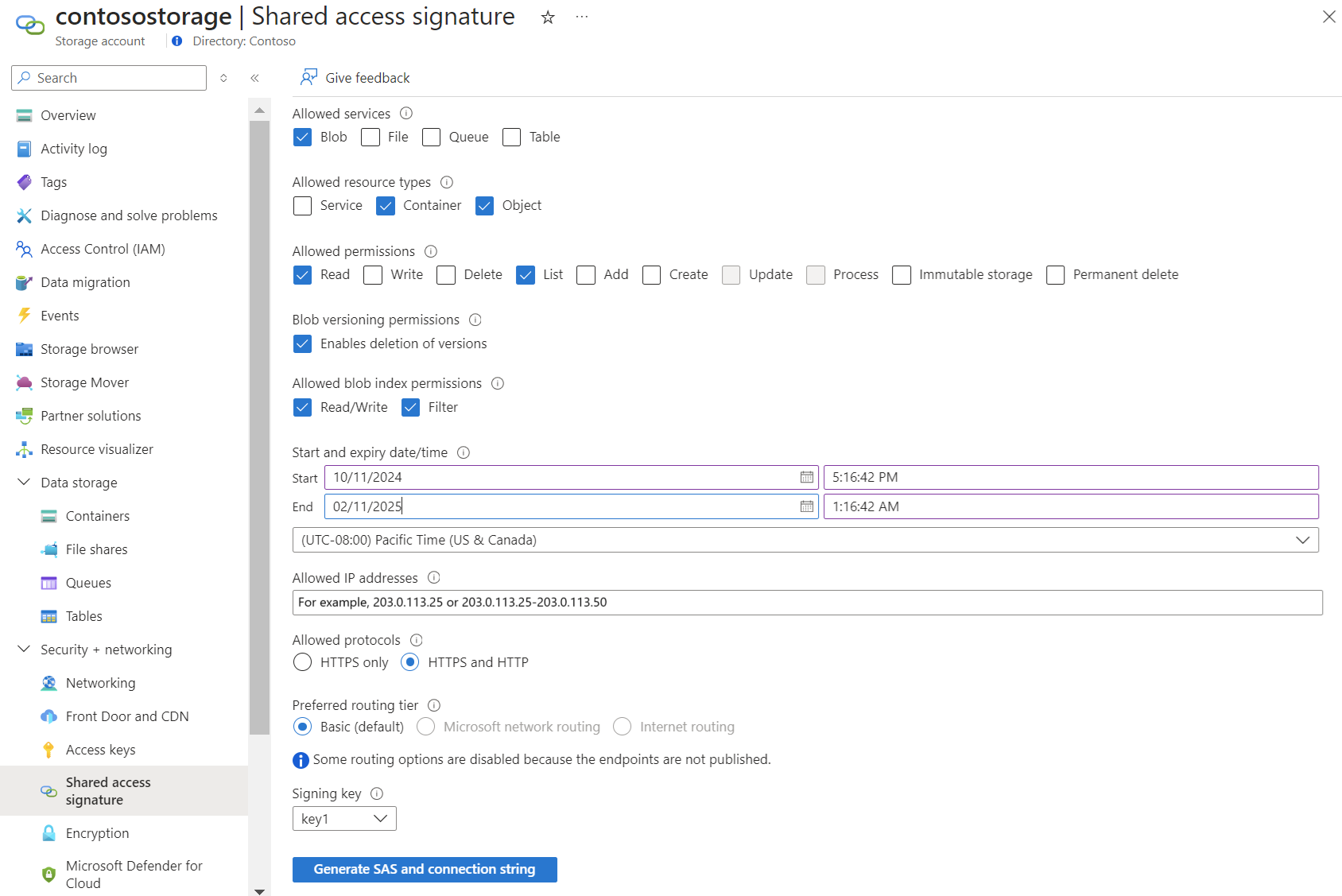 Azure portal の SAS トークン構成を示すスクリーンショット。