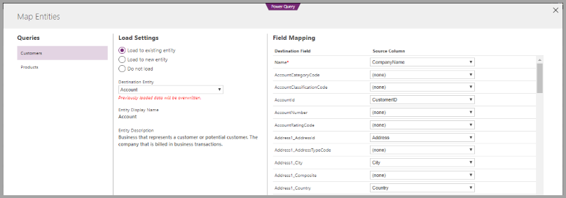 Map data with entities in the Common Data Model.