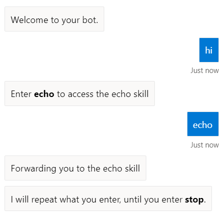 Enter 'echo' to get the root bot to start the echo skill.