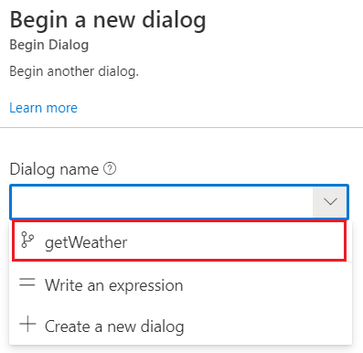 Selecting the get weather dialog