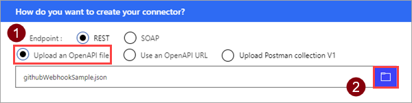アップロードに OpenAPI ファイル オプションを表示するスクリーンショット。