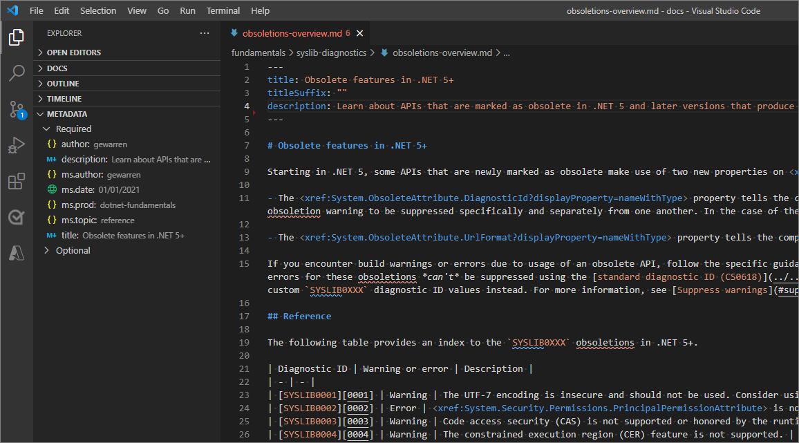 Visual Studio Code のメタデータ エクスプローラー