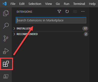 VS Code の [拡張機能] アイコンと [Marketplace で拡張機能を検索する] 検索バーへの矢印を示すスクリーンショット。