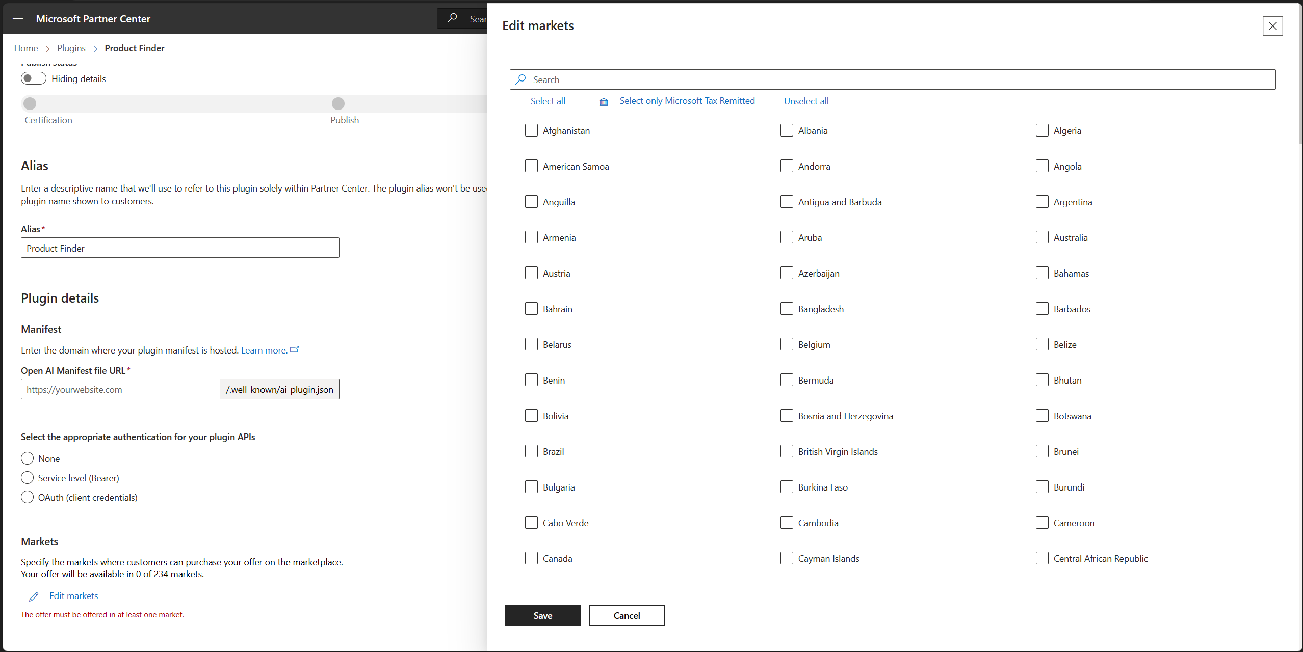 The Edit markets dialog