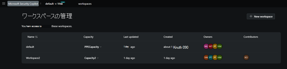 [ワークスペースの管理] ページの画像。