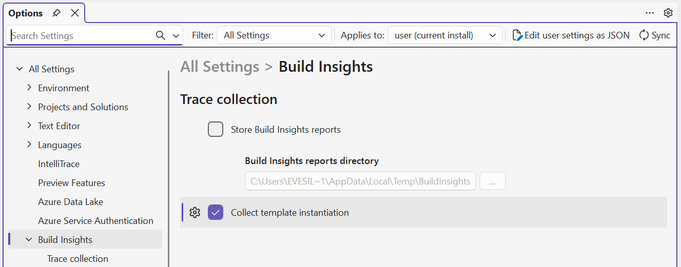 Visual Studio の [テンプレートのインスタンス化の収集] チェック ボックスが有効になっている Visual Studio の [Build Insights 設定] ページのスクリーンショット。分析用のトレース コレクション構成が表示されています。