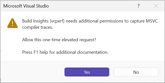 管理者特権でのアクセス許可を要求する Microsoft Visual Studio プロンプトのスクリーンショット。