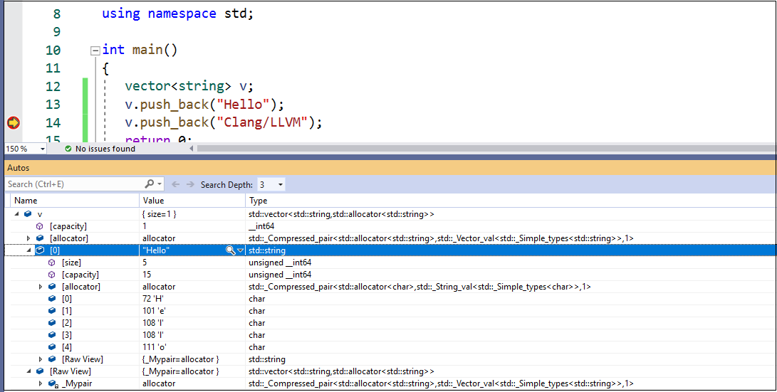 Screenshot of Visual Studio showing Clang debugging.