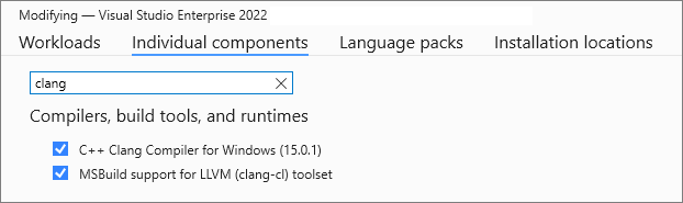 Screenshot of the Visual Studio installer with the Individual components tab selected and the C plus plus Clang components visible.