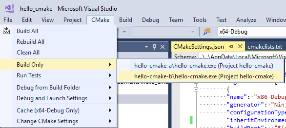 Visual Studio のメイン メニューのスクリーンショット。[CMake] > [ビルドのみ] が開かれています。