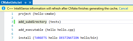 Visual Studio で編集されている C Make Lists TXT ファイルのスクリーンショット。