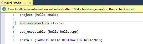 Visual Studio で編集中の CMakeLists.txt ファイルのスクリーンショット。