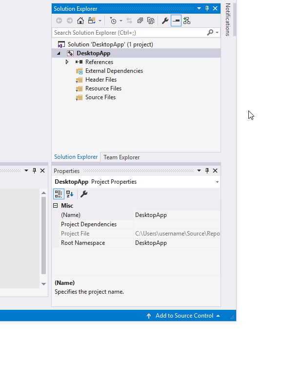 Visual Studio 2019 で DesktopApp Project に新しい項目を追加することを示すアニメーション。
