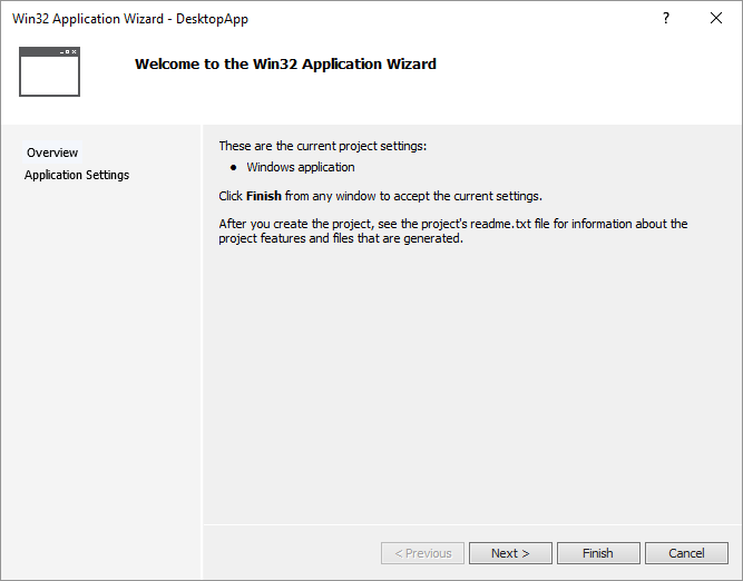 Win32 アプリケーション ウィザードの [概要] ページで DesktopApp を作成します。