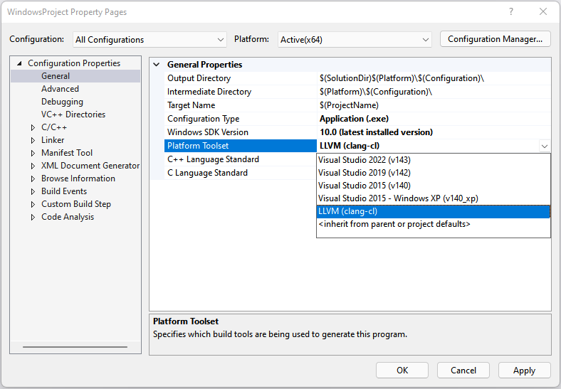 Screenshot of the Property Pages dialog box with Configuration Properties > General selected and the Platform Toolset and LLVM (clang-cl) option highlighted.