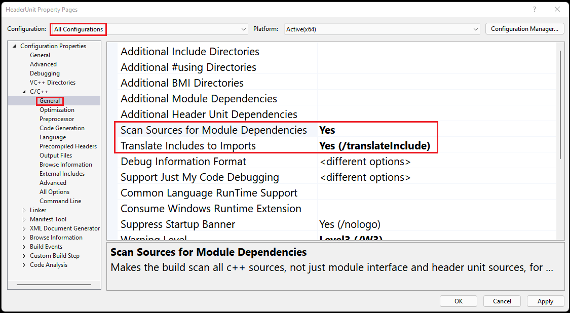 Screenshot that shows the project properties screen with Configuration highlighted and All Configurations selected. Under C/C++ > General, Scan Sources for Module Dependencies is highlighted and set to yes, and Translate Includes to Imports is highlighted and set to Yes (/translateInclude)
