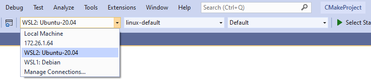 Visual Studio ターゲット システムのドロップダウンのスクリーンショット。WSL2: Ubuntu-20.04 が選ばれています。