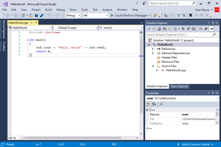 Visual Studio エディターの Hello World ソース コードのスクリーンショット。