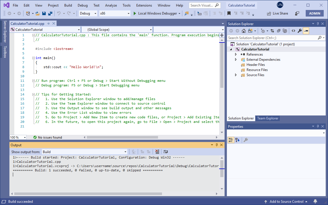 Visual Studio の [出力] ウィンドウのスクリーンショット。ビルドが成功したことを示すメッセージが表示されます。