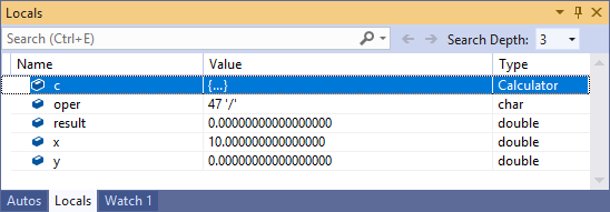 デバッグ中にローカル変数の現在の値が表示されている、Visual Studio の [ローカル] ウィンドウのスクリーンショット。