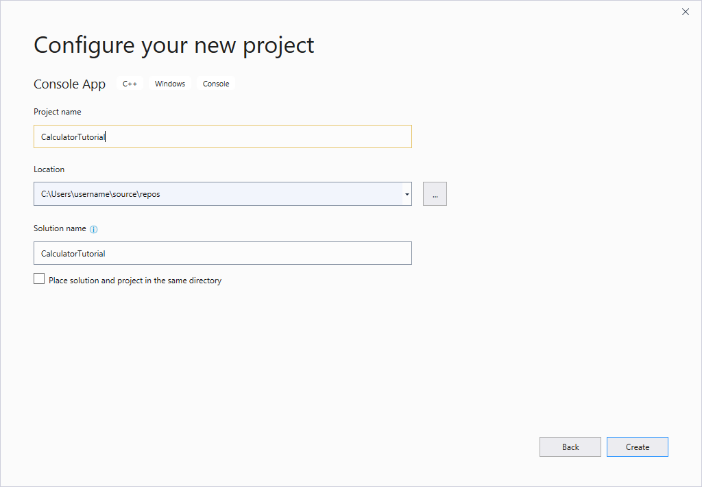 Visual Studio の [新しいプロジェクトの構成] ダイアログのスクリーンショット。プロジェクト名、プロジェクトの場所、ソリューション名のフィールドがあります。