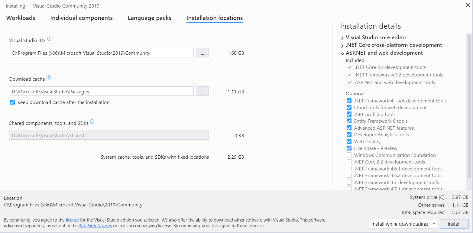 インストールの場所のタブ ビューが表示されている、Visual Studio インストーラーのスクリーンショット。