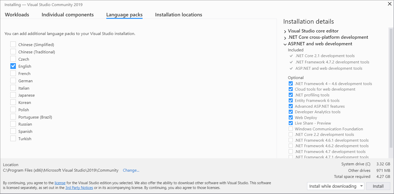 インストールする言語パックのタブ ビューが表示されている、Visual Studio インストーラーのスクリーンショット。