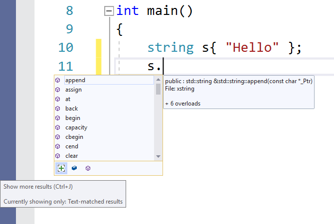 文字列に使用できるメソッド (append、assign など) を示す、C++ のメンバー リスト ドロップダウンのスクリーンショット。