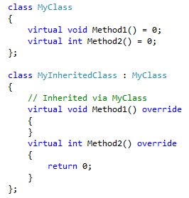 MyInheritedClass のスクリーンショット。基底クラスでの宣言の名前とシグネチャに一致する 2 つの仮想メソッドの定義が含まれています。