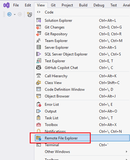 Visual Studio の [表示] メニューのスクリーンショット。リモート エクスプローラーが強調表示されています。
