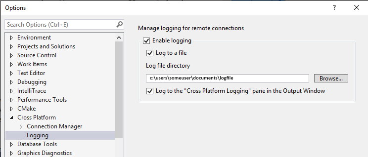 ログの有効化、ログ ファイルの場所、出力ウィンドウにログするかどうかのオプションがある [リモート ログ] 画面のスクリーンショット。