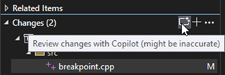 GitHub Copilot Review ボタンが強調表示されている [Git の変更] ウィンドウのスクリーンショット。