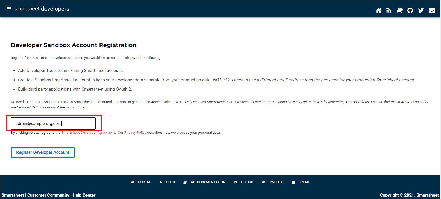 Screenshot that shows the Developer Sandbox Account Registration page.
