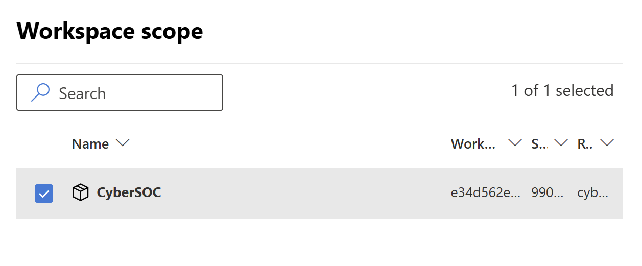Microsoft Sentinel ワークスペース スコープの選択のスクリーンショット。