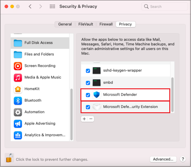スクリーンショットは、完全なディスク アクセスのセキュリティとプライバシーを示しています。