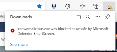 SmartScreen が安全でない評判でファイルのダウンロードを検出する方法を示すスクリーンショット。ダウンロードがブロックされます。