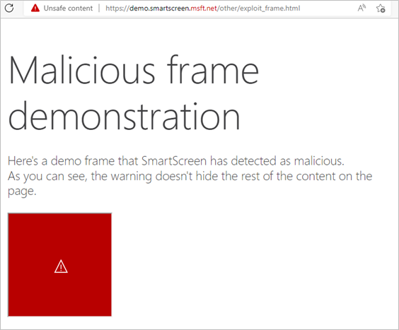 悪意があると検出されたページ上のフレームに SmartScreen が応答する方法のデモ。悪意のあるフレームのみがブロックされる