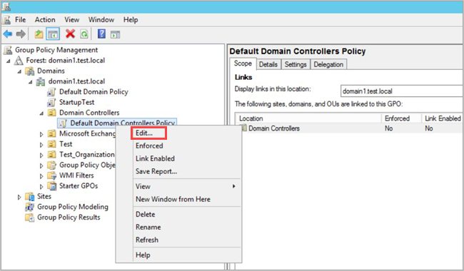Screenshot of the Edit domain controller policy dialog.