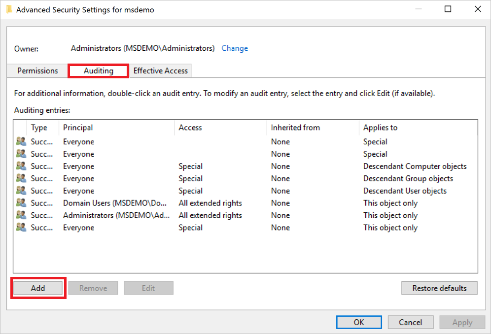 Screenshot of the Advanced Security Settings Auditing tab.