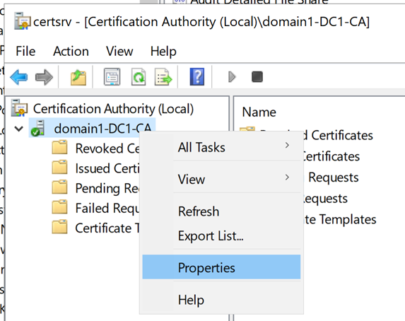 Screenshot of the Certification Authority dialog.